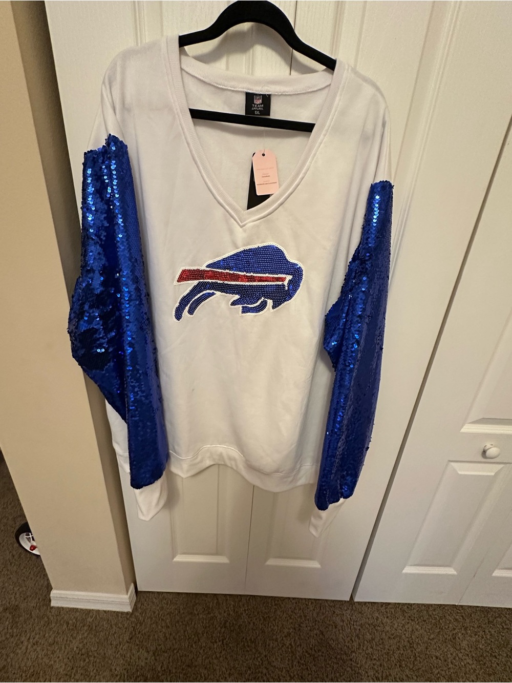NFL White V-Neck Sweatshirt with Royal Blue Sequin Sleeves